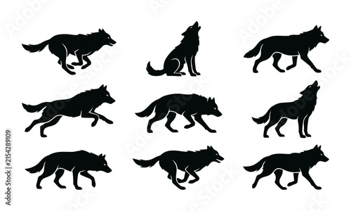 Nine black wolf silhouettes depict various running and sitting poses
