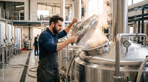 A man in work clothes inspects a brewing tank in a large facility. Steam escapes from the tank as he opens the lid. People work in the background