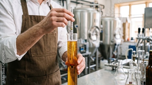 In a brewing lab, a person in an apron holds a syringe over a graduated cylinder. The liquid inside the cylinder is a light color. Equipment is visible in the background