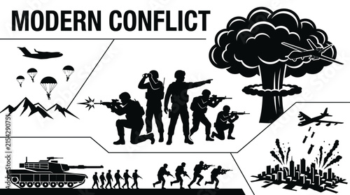 Modern conflict vector illustration showing silhouette soldiers tanks explosions and military aircraft in a stark design