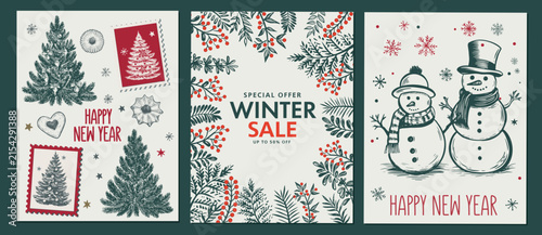 Christmas tree, winter sale, hand drawn style, vector illustration	
