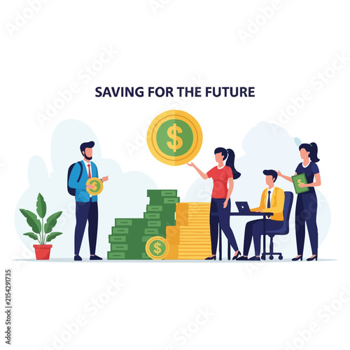 People stacking coins and dollar bills in a saving for the future financial planning concept.