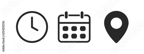 Принти на полотні Time calendar and location icon set with clock date pin outline vector collectio