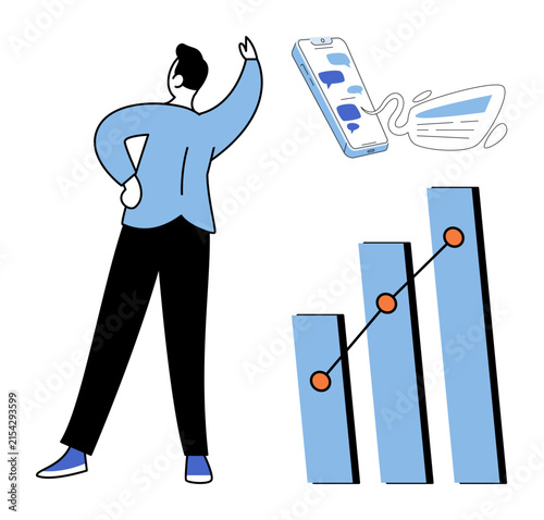 Man looking at a rising bar chart and smartphone with chat bubbles vector illustration. Data analysis, digital marketing, business growth, mobile communication, strategy, success. Person observing