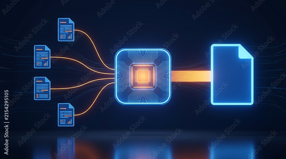 Fototapeta premium Data input from multiple files into processor and outputting one unified digital document, representing information processing and system integration.