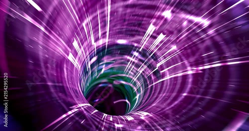 High speed digital data wormhole tunnel with glowing neon lines and particle effects loop background. 4K 3D Animation.