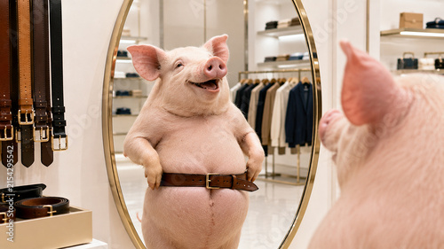 Pig trying on belt in clothing store mirror as funny fashion and sizing concept
