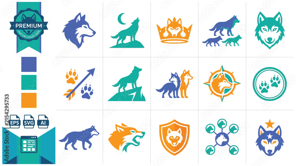 Fototapeta premium Wolf silhouette and paw print icon set with compass and crown, silhouette