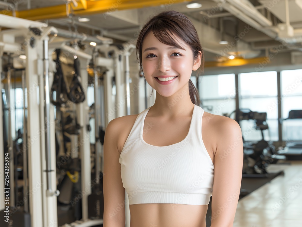 Fototapeta premium スポーツジムで白いトレーニングウェアを着て爽やかに微笑むポニーテールの若い女性