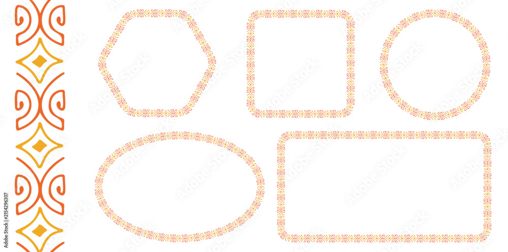 Fototapeta premium Collection of ethnic tiki frames featuring geometric tribal ornaments inspired by Pacific island culture. Ideal for cards, packaging, social media and printable designs.