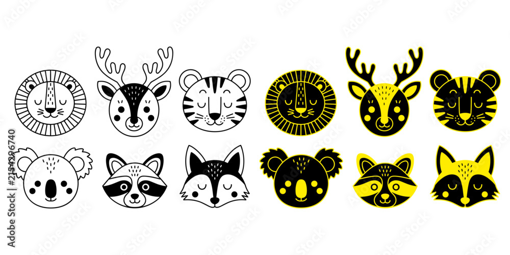 Obraz premium Collection of cute animal faces featuring stylized vector illustrations of wild creatures presented in bold black and yellow color palettes