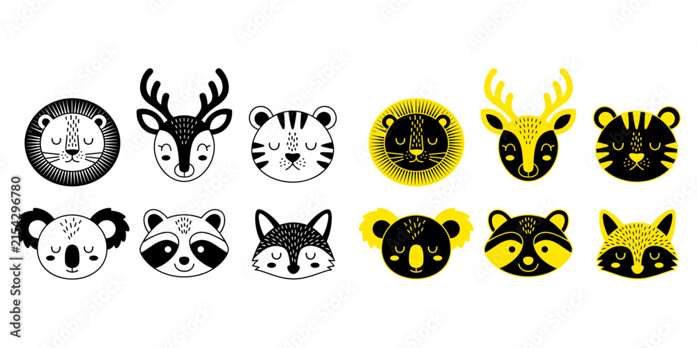 Fototapeta premium Adorable animal heads collection featuring stylized geometric faces of forest creatures in bold black and vibrant yellow vector graphic design