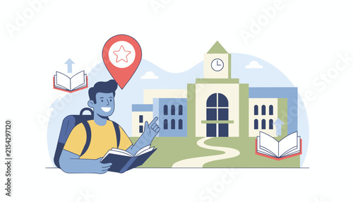 Proud young student holding a book and pointing toward a high school campus building to choose his educational path.