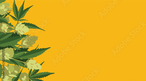 Cannabis marijuana leaves and buds border flat vector illustration for dispensary marketing and cbd product branding