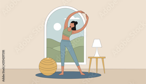 Healthy young woman practicing side stretch yoga pose at home in front of a window overlooking green hills.