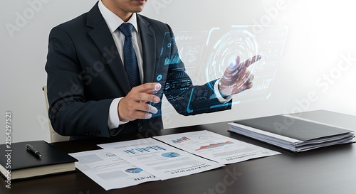 Professional Businessman Analyzing Graphs and Documents at Desk.