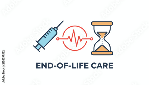 Medical infographics detailing end-of-life care using syringe, heartbeat line, and hourglass icons.