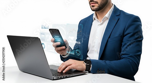 Professional Businessman Using Laptop And Smartphone At Desk.