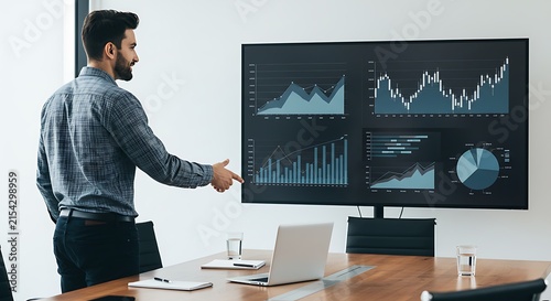 Professional Presenter Explains Market Charts In Office.