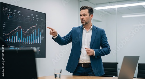 Professional presenter explains financial charts during business meeting.