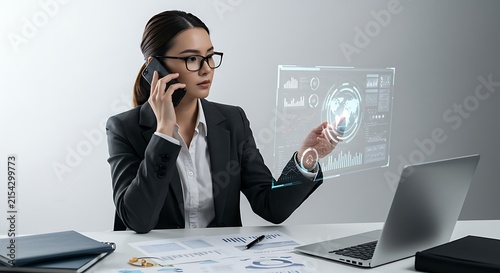 Professional Woman Using Futuristic Transparent Display In Office.