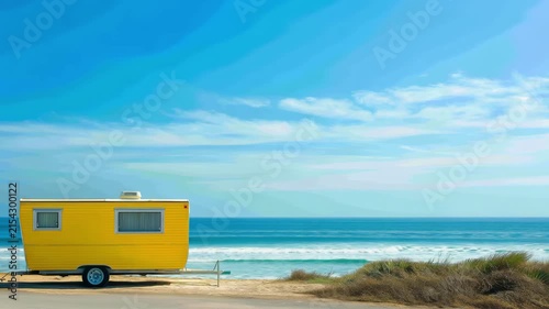 A yellow trailer stands on the shore with ocean waves rolling in under a blue sky