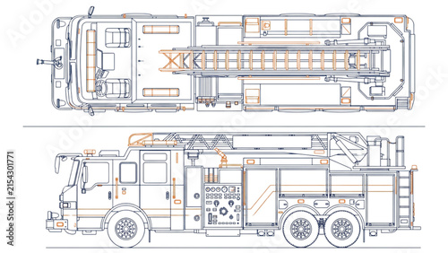 Fire Truck Technical Drawing from Above and Side View