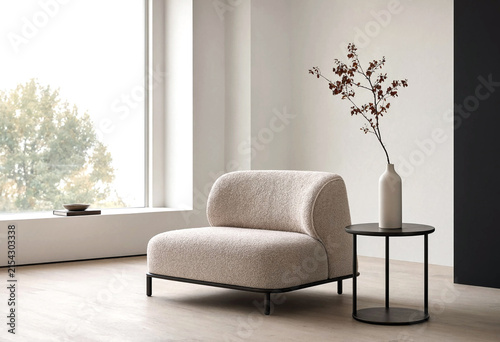 Modern minimalist living room with cozy beige armchair and small side table near large window