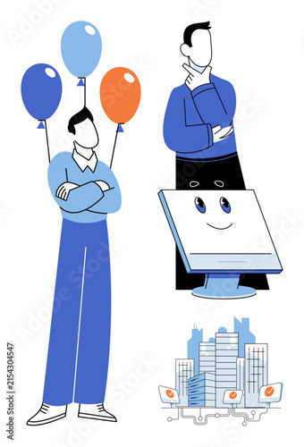 People thinking and planning with balloons and computer technology vector illustration. Strategy, brainstorming, digital transformation, corporate growth, creative ideas, smart city development. Men