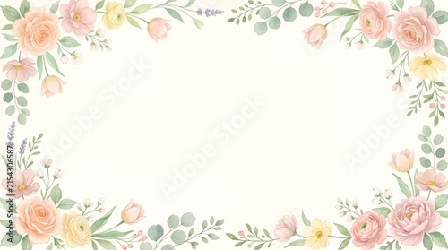 Floral frame with delicate peach watercolor flowers and greenery watercolor botanical greenery