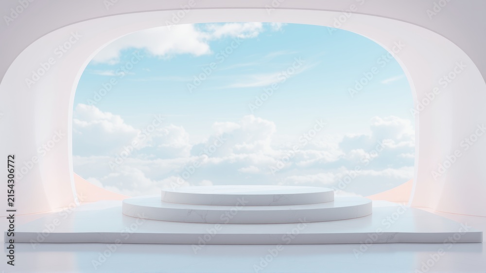 Fototapeta premium Minimalist stage. White pedestal framed by arched doorway. Soft sky, clouds visible. Clean aesthetic, product presentation focus.