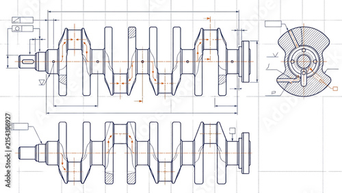 Crankshaft engineering drawing, technical blueprint for mechanical components