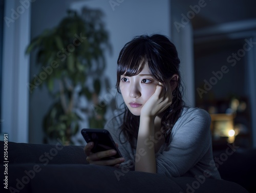 夜の暗い室内でスマートフォンを見つめながら悩み事や考え事をして落ち込む若い女性