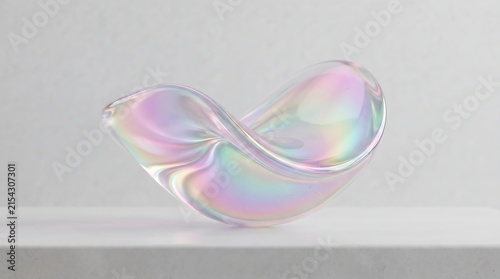 Abstract iridescent glass sculpture with flowing fluid shapes and rainbow reflections on a white background