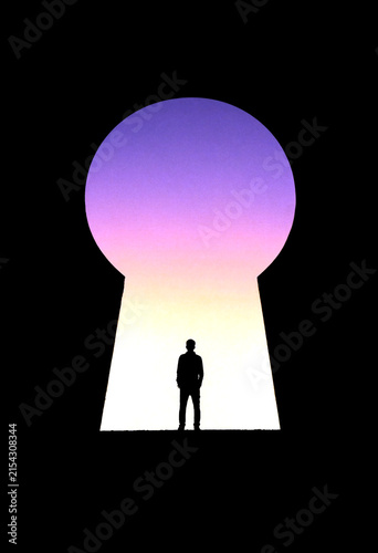 Silhouette of a person standing inside a giant keyhole with colorful sunset gradient background