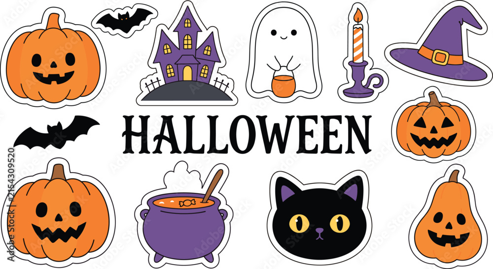 Fototapeta premium Cute cartoon Halloween collection with pumpkins ghosts black cat and haunted house for festive seasonal designs