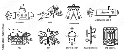 Ocean exploration equipment icon set, isolated on transparent background