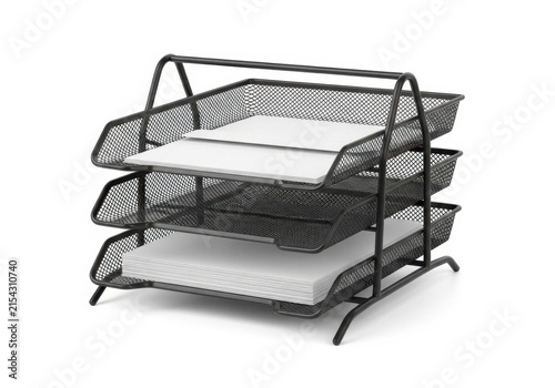 Black metal mesh three level desk organizer with white paper
