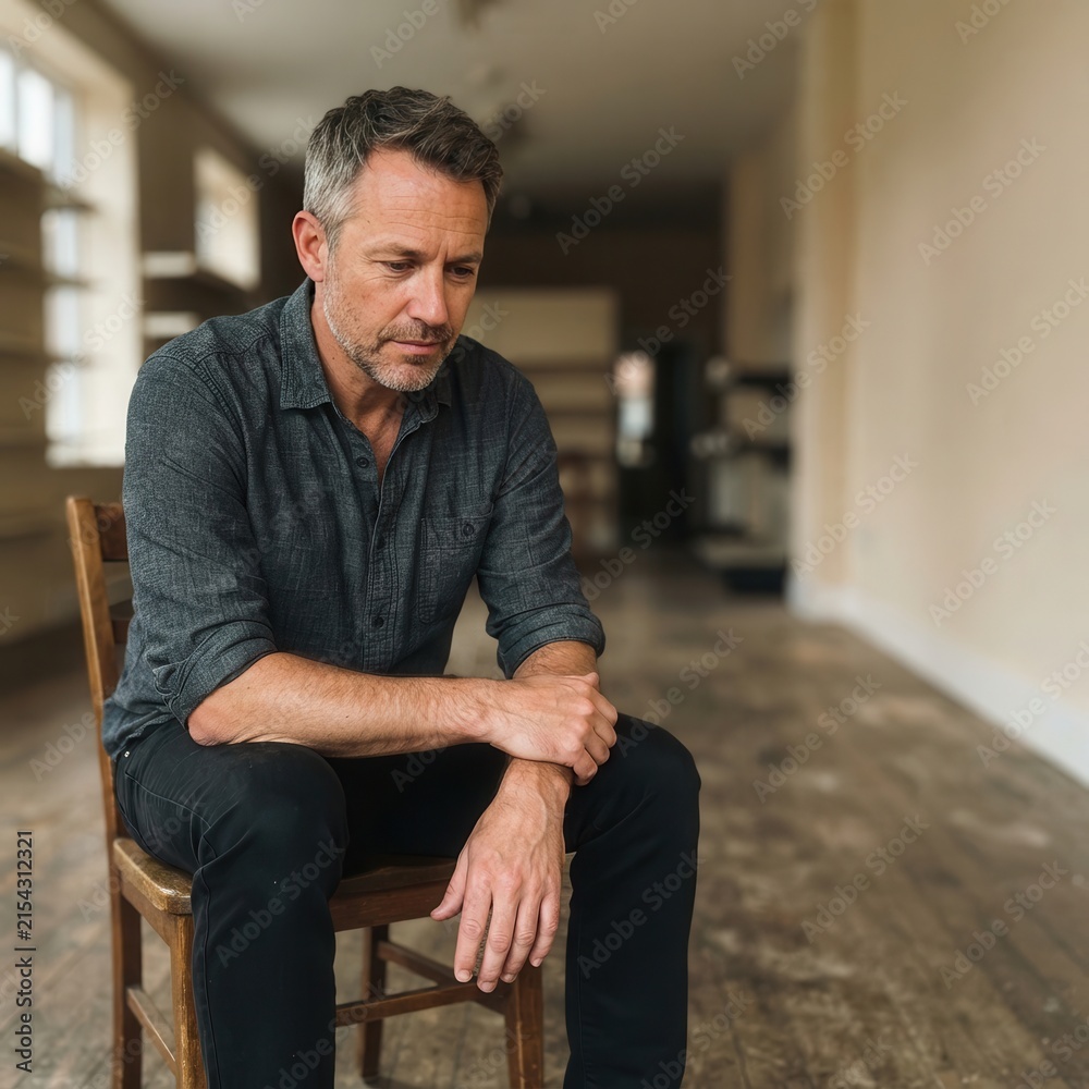 Fototapeta premium Middle-Aged Man in Deep Contemplation Captured in a Serene and Minimalist Setting