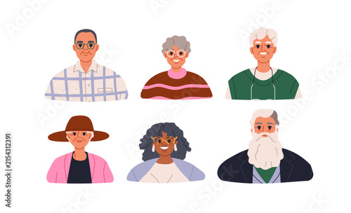 Old people avatars, senior woman and man characters set. Elder people faces, ...