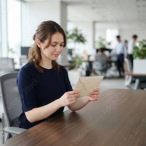 Woman Reading a Personal Letter at Her Modern Office Desk