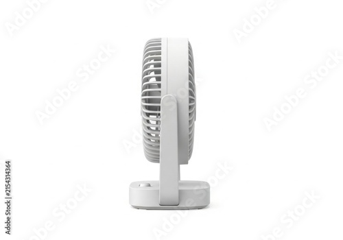 White portable electric desk fan side profile on white background