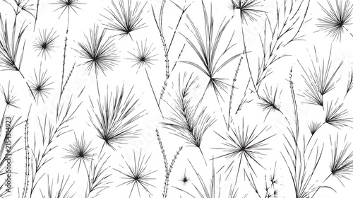 Seamless Black and White Wild Grass Botanical Line Art Pattern