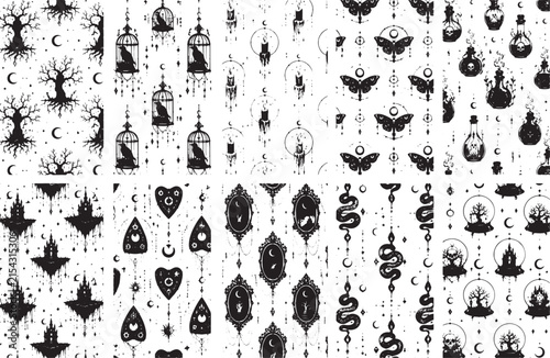 Mystical Occult Symbols and Gothic Tattoo Icons Set in Black and White