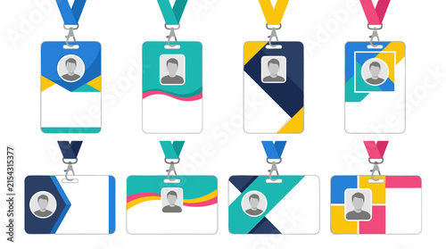 Collection of employee id card badge templates, professional corporate identity passes, staff access credential mockups, events and security passes