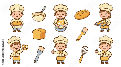 Set of cartoon bakers in chef hats with bread and baking tools, cheerful and friendly characters for bakery promotion, food illustration, and