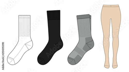 Set of socks and leggings, including outline sketch, solid black, textured grey, and flat skin tone leg apparel, fashion design