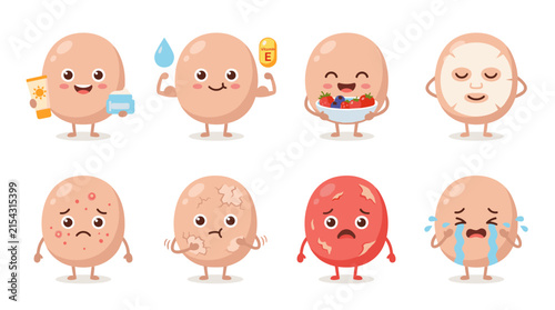 set of skin care icons with cute egg characters showing skin types and beauty routines, dermatology health, cosmetic treatments, face mask, acne