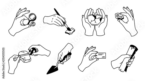 Collection of line art hands performing various actions, including holding objects, writing, and gesturing, isolated on a white background