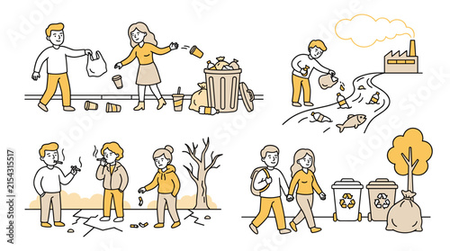 Set of simplified line illustrations depicting environmental issues and recycling, including littering, pollution from factories, and waste
